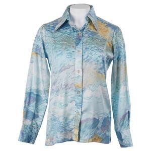 Wardrobe Maker Vintage Top 10 Blue Yellow Abstract Print Disco 70s Dagger Collar